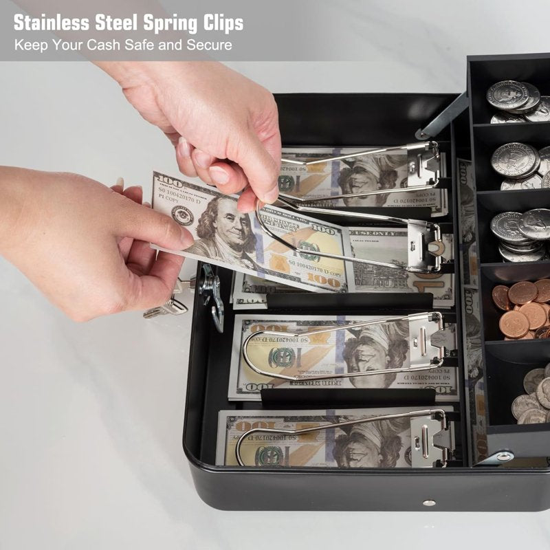 Large Locking Cash Box with Money Tray, 2-Layer Steel Safe for Cash, 11.8x9.4x3.5 inches