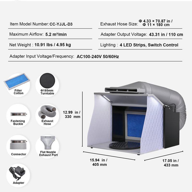 Portable Airbrush Spray Booth Kit with LED Lighting, Dual Exhaust Fans, Turntable & Extension Hose for Model Painting and Arts Crafts