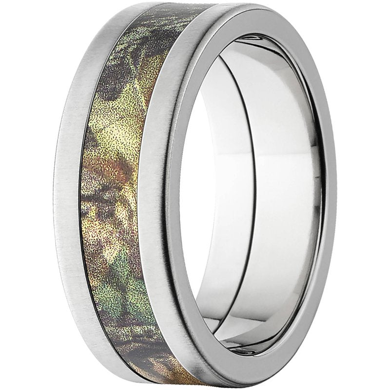 Men's Camouflage Stainless Steel Ring with Cross & Brushed Edges - Comfort Fit