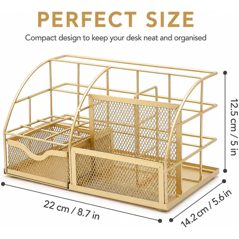 Wire Mesh Desk Organizer with 6 Compartments - Office & Home Storage