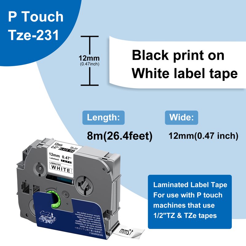 Brother TZe231 Label Maker Tape 12mm Laminated White Compatible for P Touch