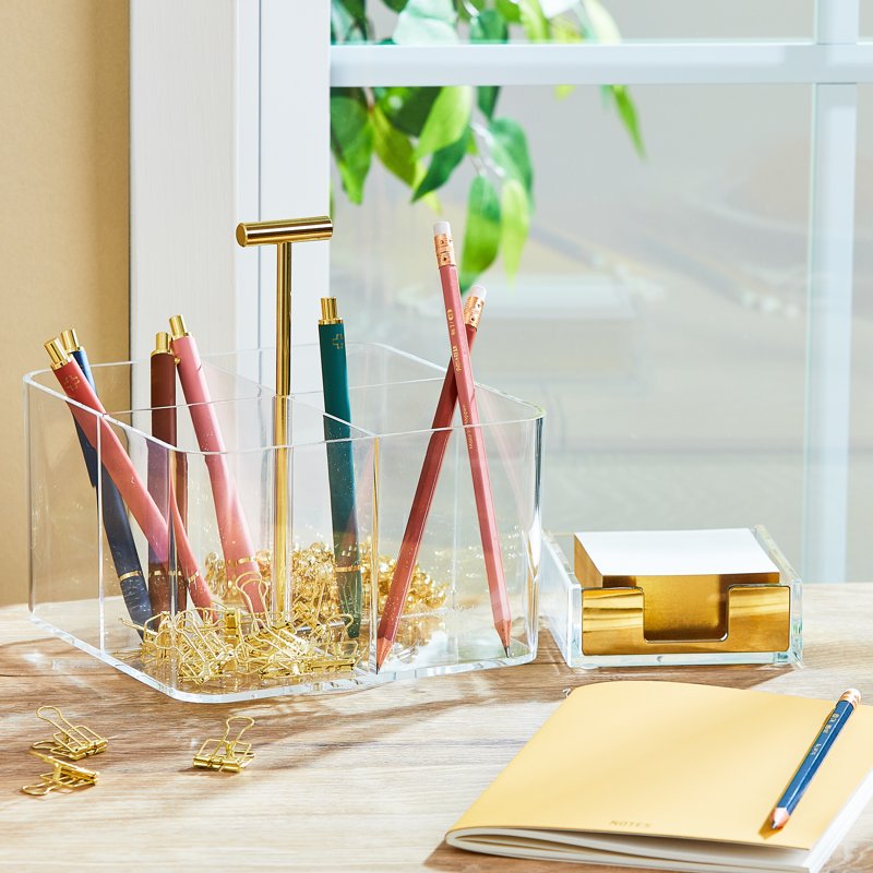 Acrylic Rotating Desk Organizer with 4 Compartments - Clear, 6.57x6.57x7.28 in