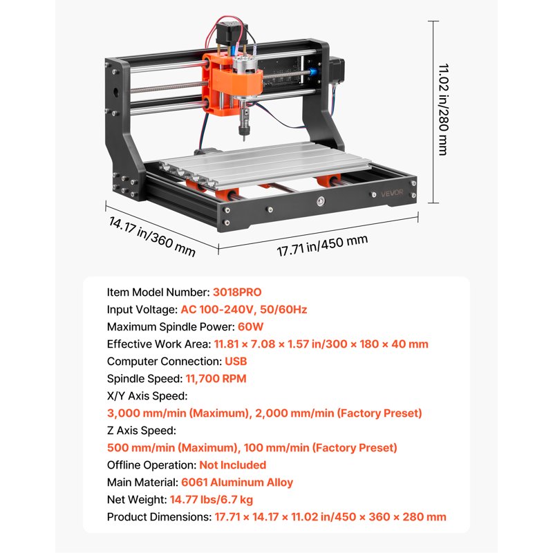 60W CNC Router Machine 3-Axis Wood Engraving Milling with 300x180mm Work Area