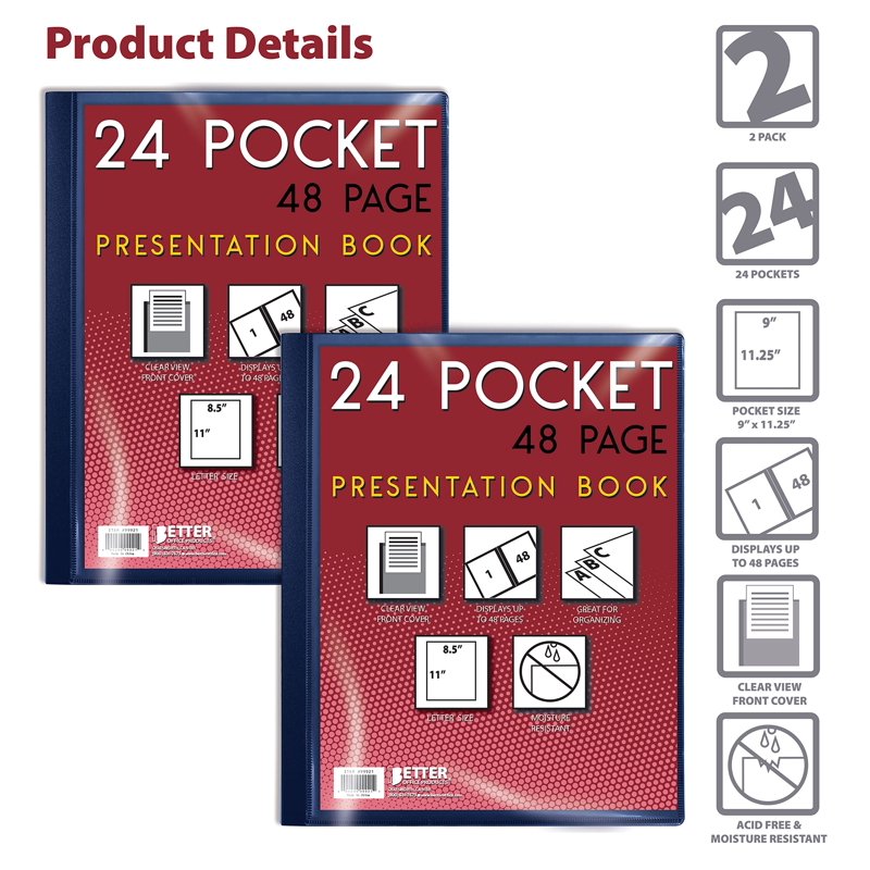 Blue 24-Pocket Presentation Book with Clear View Front Cover - 48 Sheet Pages, Durable Poly Cover