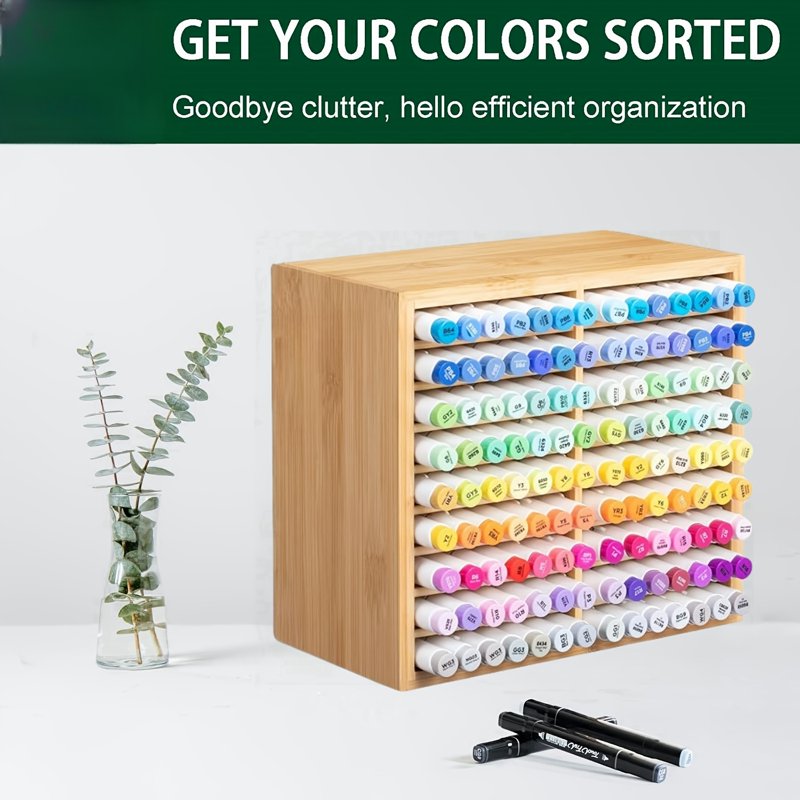 Bamboo Marker Pen Storage Rack with 18 Compartments for Art Supplies