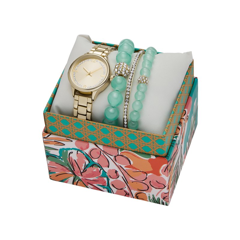 Women's Gold Tone Watch Set with Crystal Dial and 3-Link Bracelet