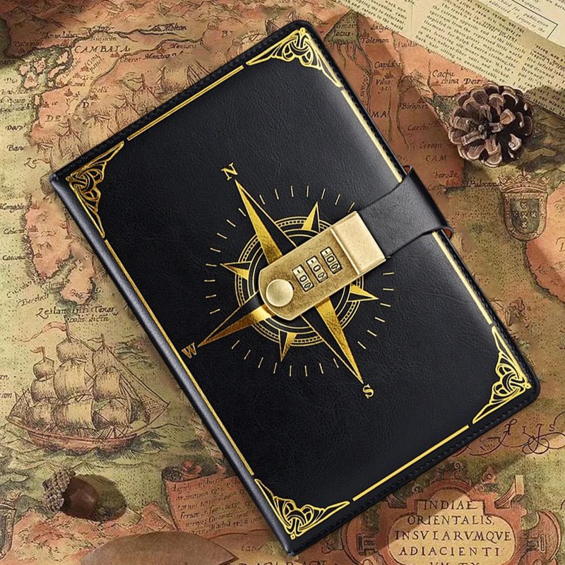 Lockable Diary with Combination Lock & Compass Design - Faux Leather Journal for Secure Writing