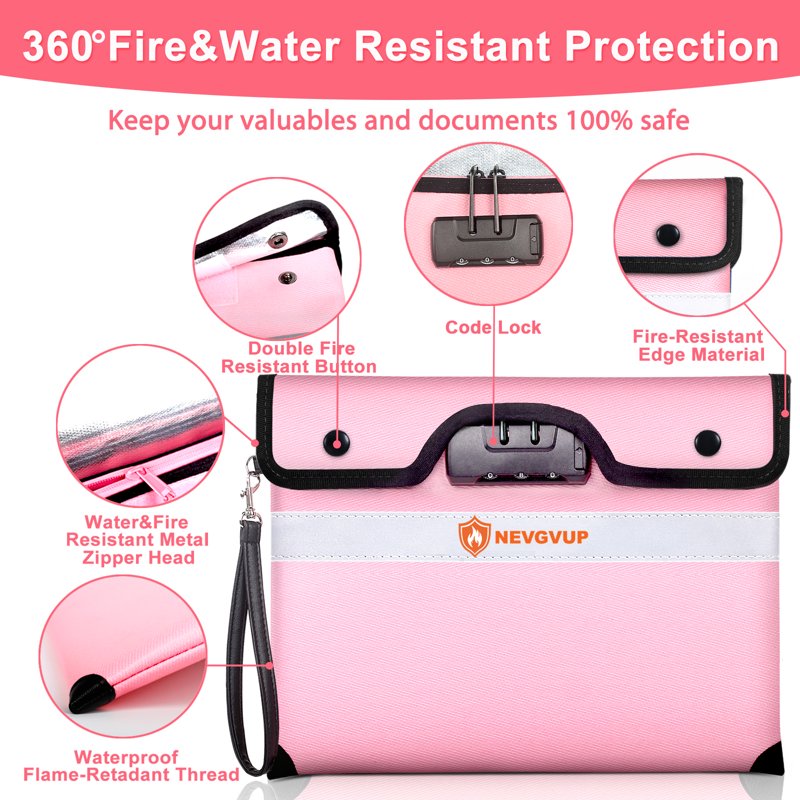 Fireproof Document Bag with Combination Lock - 6200°F Heat-Resistant Water-Resistant Pouch