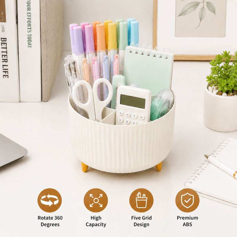 5-Compartment Desktop Organizer with Rotating Design - Office & Makeup Storage