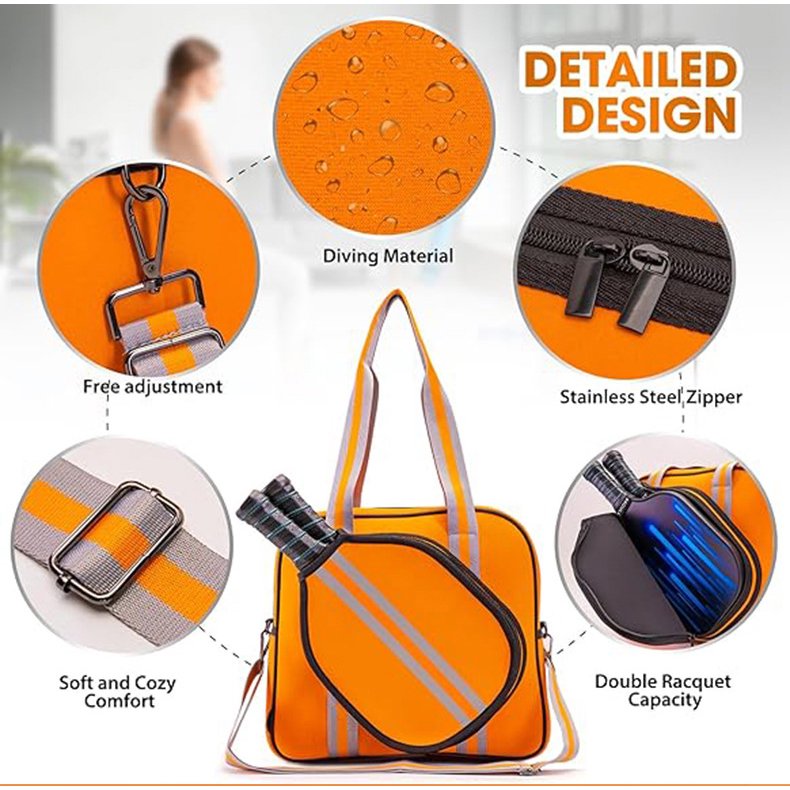 Orange Large-Capacity Waterproof Pickleball Bag with Adjustable Shoulder Strap and Racket Compartment