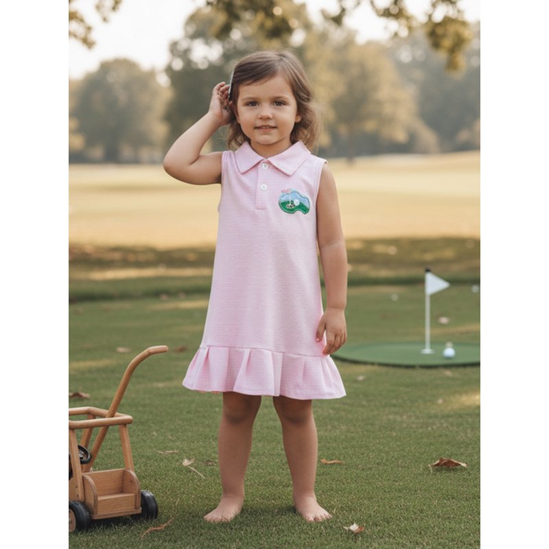 Toddler Girl Dress with Button Collar, Ruffled Hem, Embroidered Stripes and Plaid — Multiple Sizes & Colors