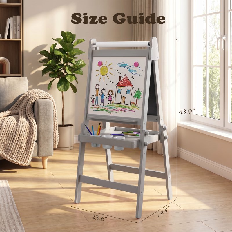 Kids Art Easel with Double-Sided Blackboard & Whiteboard, Adjustable & Foldable