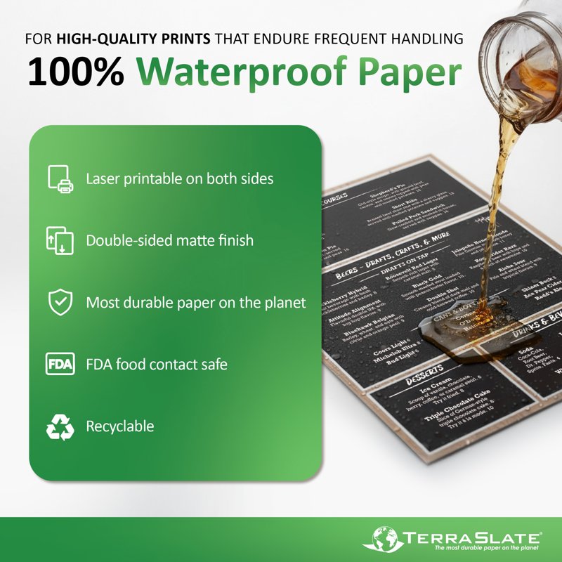 Waterproof Laser Printer Copy Paper 8.5x14 Legal Size 10 Mil 120lb, 25 Sheets