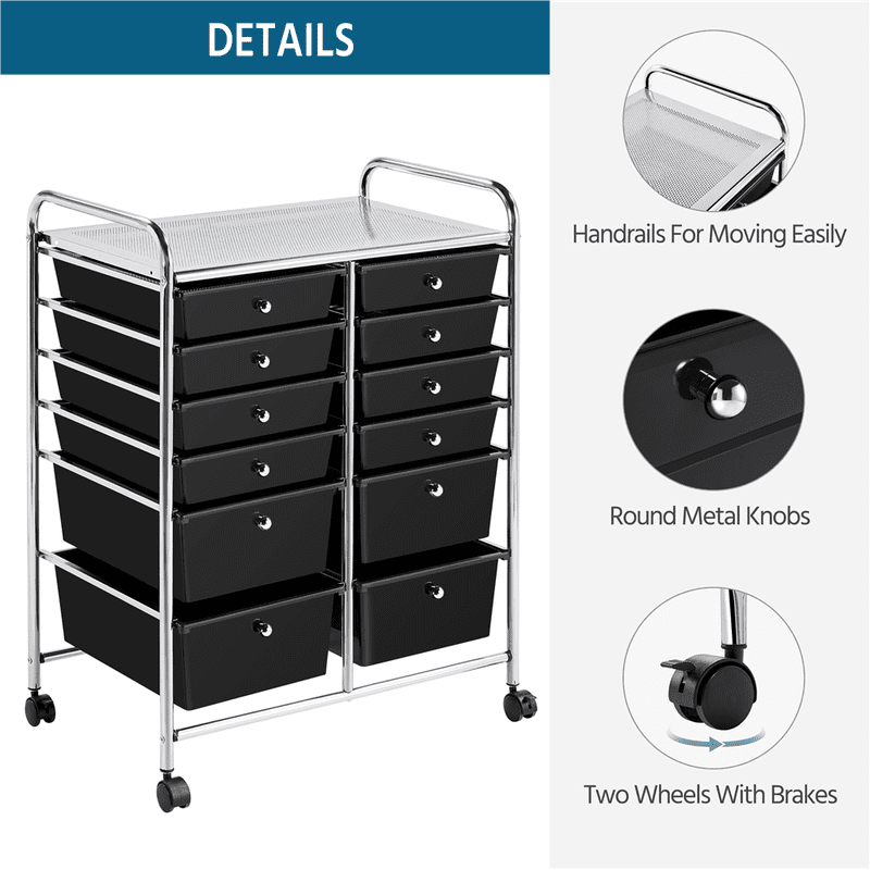 12-Drawer Mobile Storage Cart with Lockable Wheels, Steel Organizer
