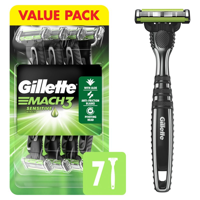 (4 Pack) Gillette Mach3 Sensitive Disposable Razors for Men with Pivoting Head – 28 Variation