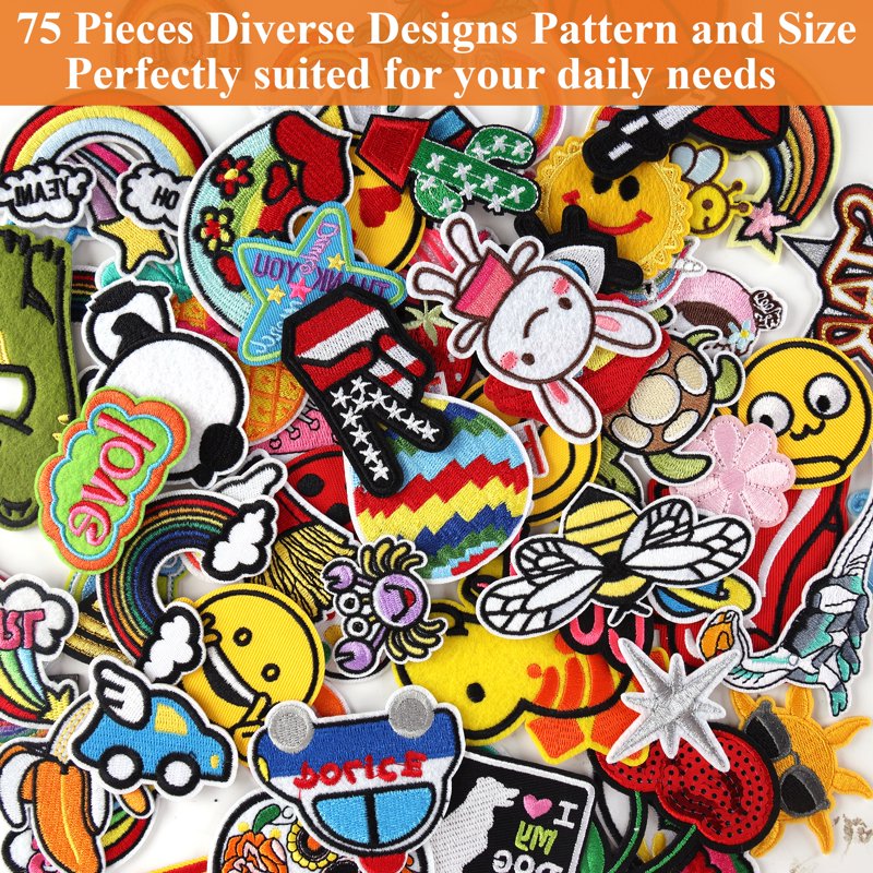 75 Pack Iron-On Embroidered Patches Assorted Styles for Clothes & DIY Projects