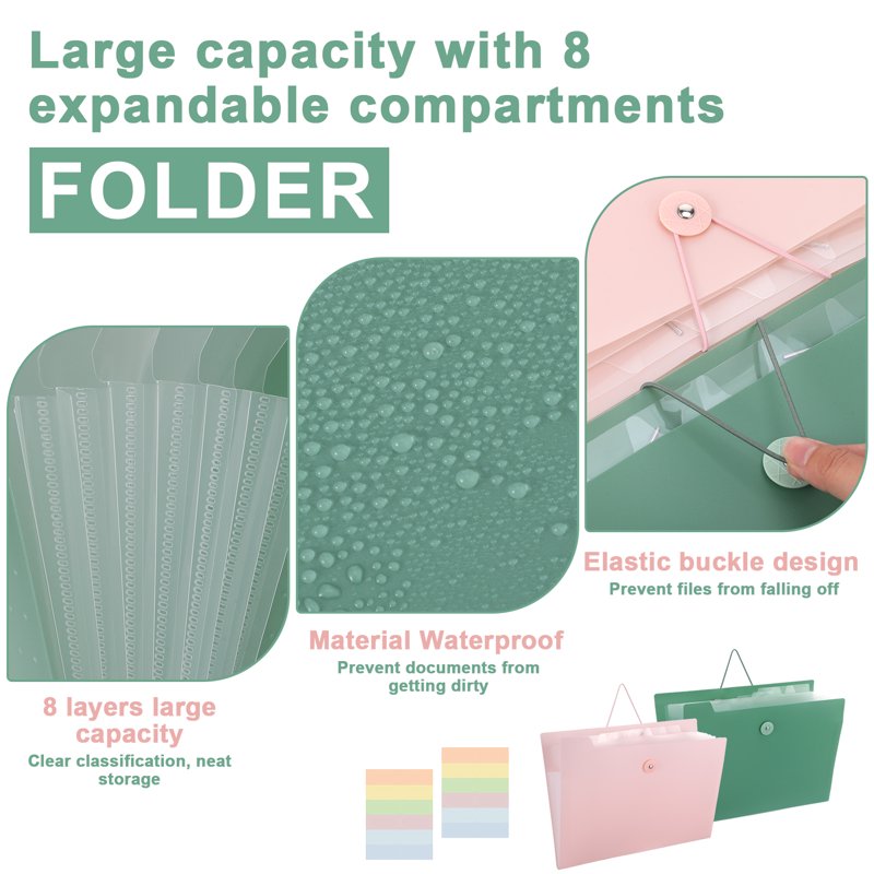 2 Pack Accordion File Organizer with Pockets, Waterproof Document Folders, 8 Expandable Sections, Portable Office & Home Storage