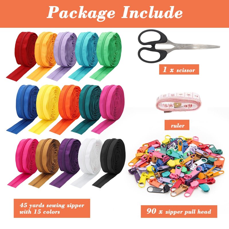 DIY Zipper Kit with 45 Yards of Nylon Coil Zippers in 15 Colors, Includes Pull Heads, Scissors & Ruler