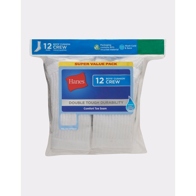 Hanes Double Tough Boys' Cushion Crew Socks 12-Pair - White, Size S