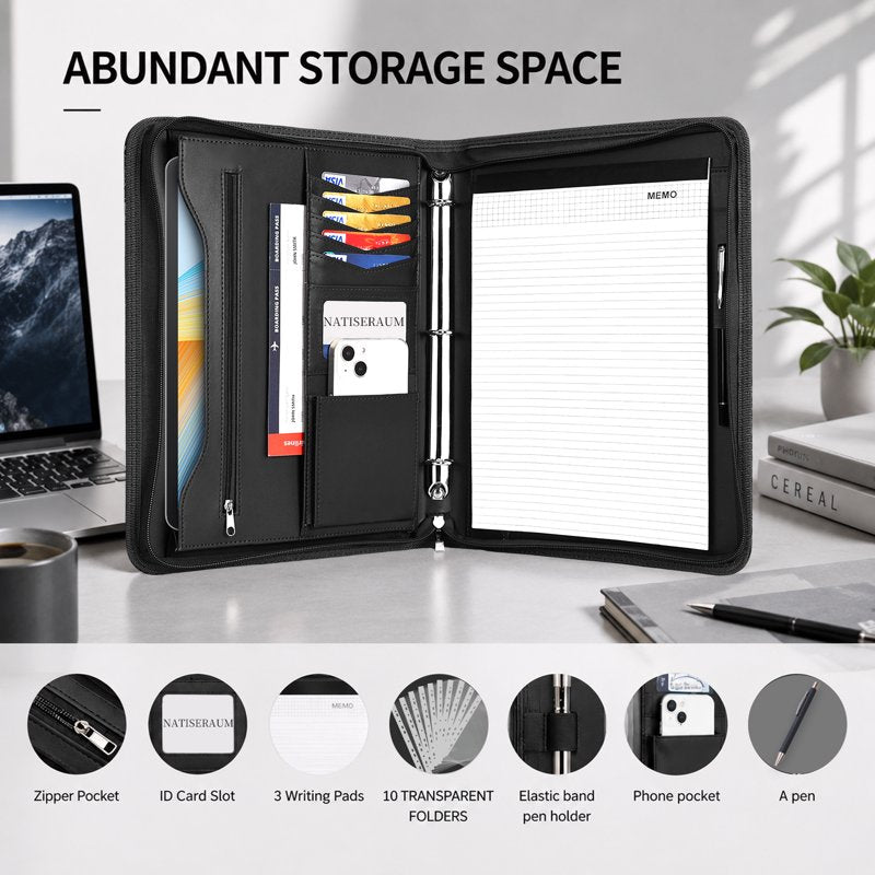 Premium A4 Zipper Portfolio Binder with 3 Rings and Accessories