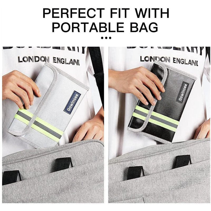8x5 Inch Fireproof Document Bag Waterproof Safe Bag for Valuables - Black+Gray 2 Pack