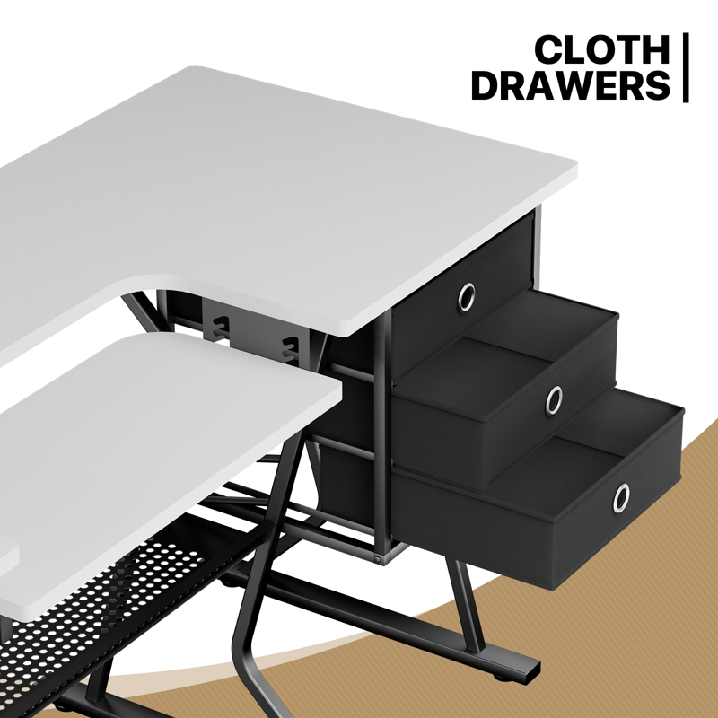 Sewing Machine Table with Fold-Down Top & Storage Shelves - White, Adjustable Height