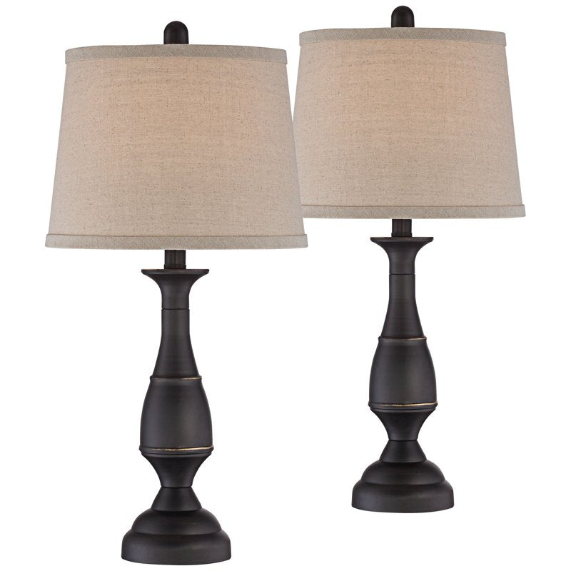 Rustic Farmhouse Table Lamps Set of 2 - 25 Inch Dark Bronze Metal with Linen Drum Shades for Bedroom & Living Room