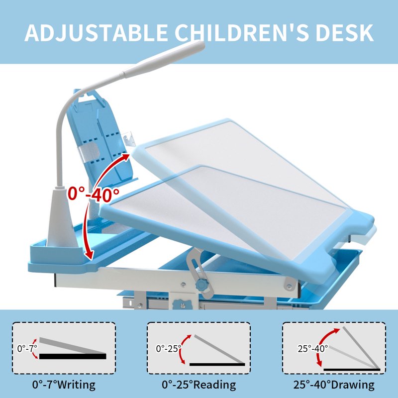 Height Adjustable Kids Desk and Chair Set with LED Light & Storage Drawer