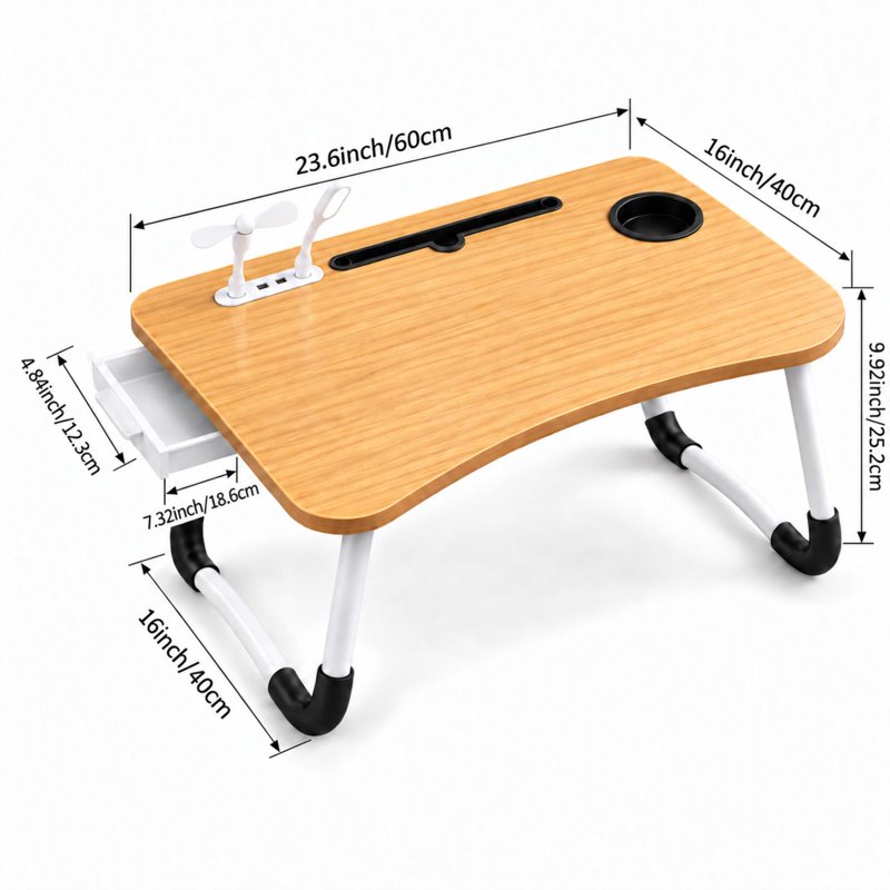 PHANCIR Upgraded Folding Lap Desk with USB Fan & LED Reading Light, 23.6in Walnut