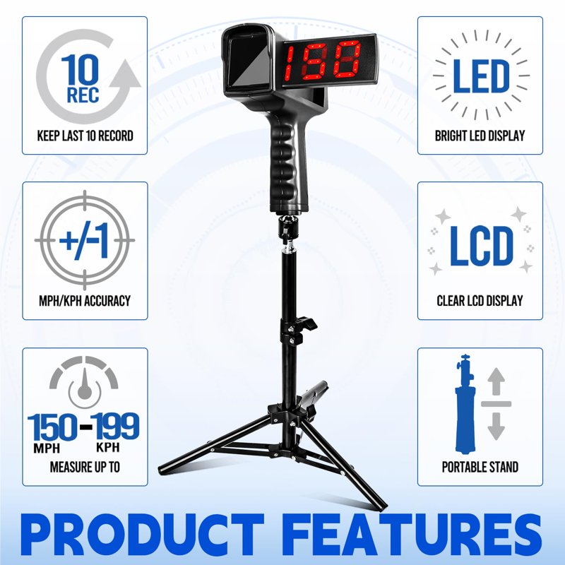 Baseball Radar Gun with LED Display and Tripod - Accurate Speed Measurement