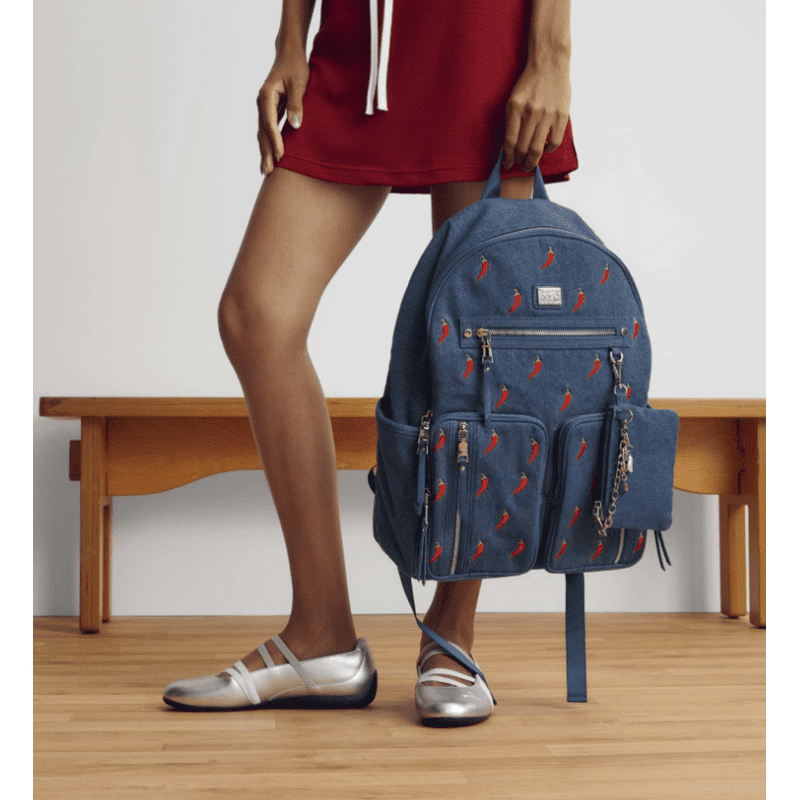 Women’s Double Pocket Dome Backpack with Pouch - Chili Denim
