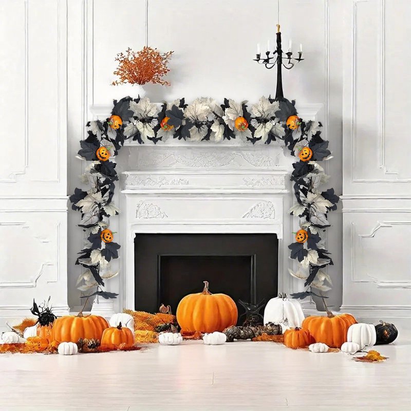 Halloween Pumpkin Garland with Fall Maple Leaves and Mini Pumpkins - Indoor Outdoor Holiday Decor