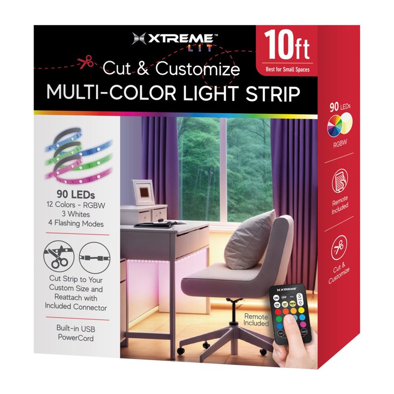 Indoor Multicolor LED Strip Lights Kit - 10ft, Cuttable, Remote Control