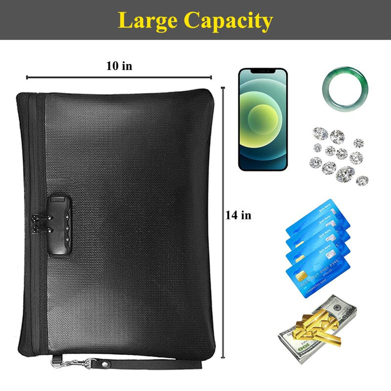 Fireproof Waterproof Document & Money Bag with Lock - 14x10 Inch Safe Pouch