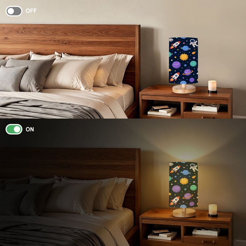 16-Color Dimmable Space Planet Table Lamp with Wood Base for Bedroom Nursery