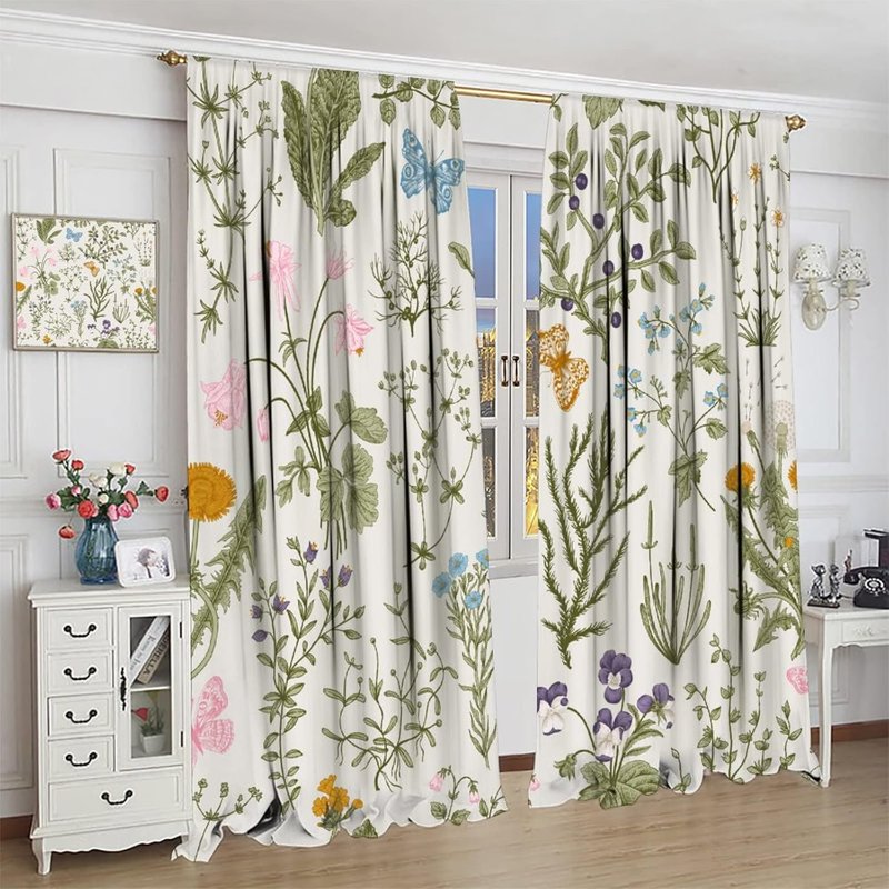 Botanical Floral Curtain Set - Decorative Window Drapes for Bedroom & Living Room
