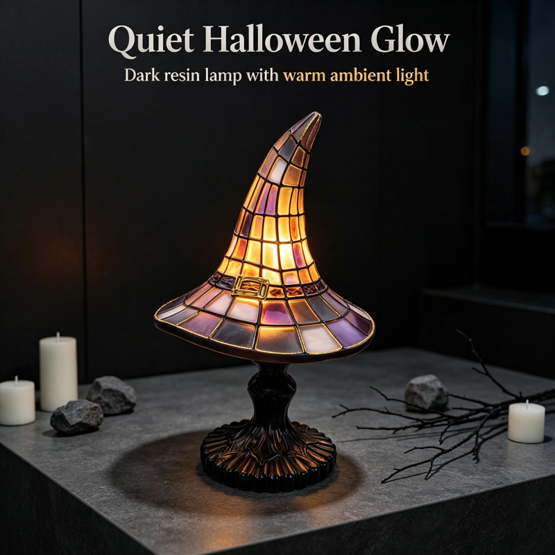 Gothic Witch Hat Lamp - Stained Glass Halloween Night Light - Vintage Resin Table Lamp for Home