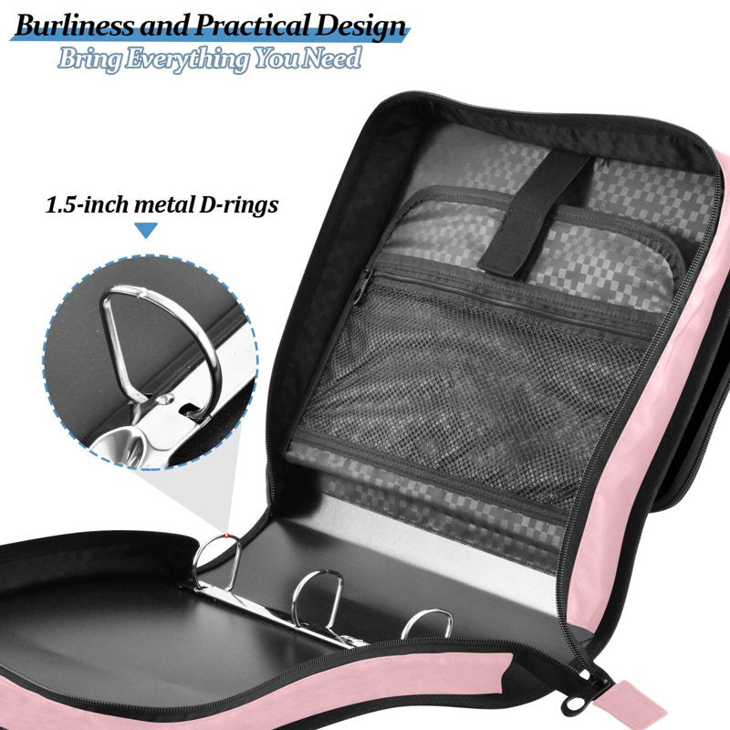 Pink Zipper Binder Folder Organizer Bag with 3-Ring File & Multiple Pockets
