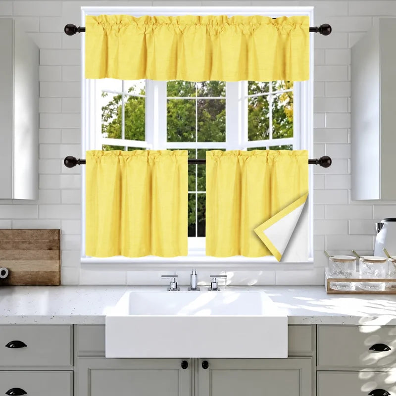 Faux Silk Blackout Kitchen Curtain Set - 3-Piece Window Treatment, Multiple Colors