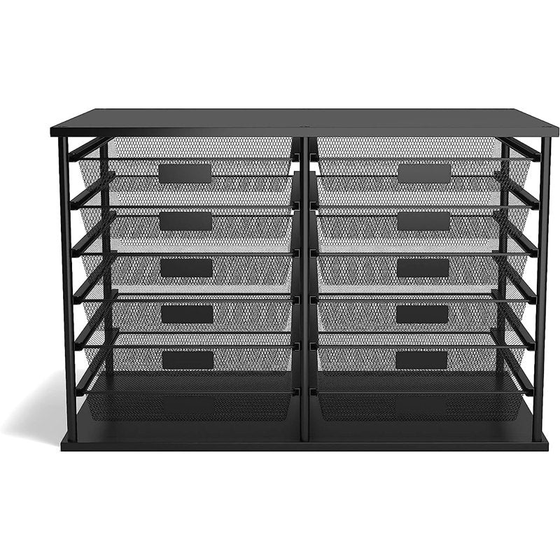 12-Compartment Mesh File Organizer with Sliding Drawers - Matte Black Office Storage