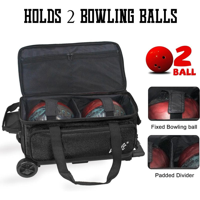 WOLT Black Double Roller Bowling Bag with Retractable Handle - 2 Ball Capacity