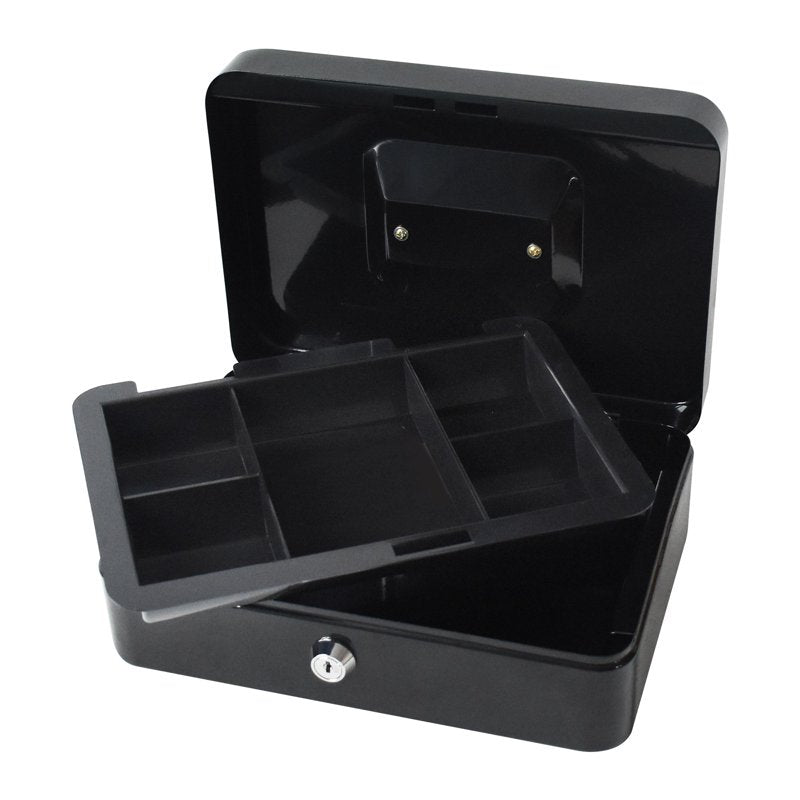 10 Inch Metal Cash Box with Key Lock and Money Tray - Black