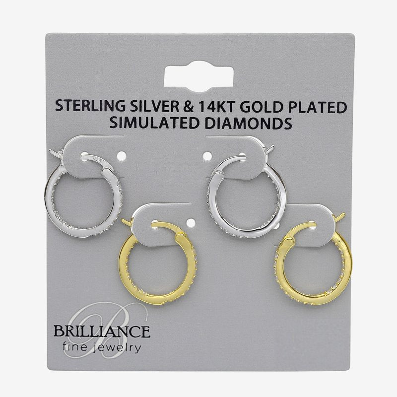 Simulated Diamond Hoop Earrings Set - Sterling Silver & Gold Plated, 15mm