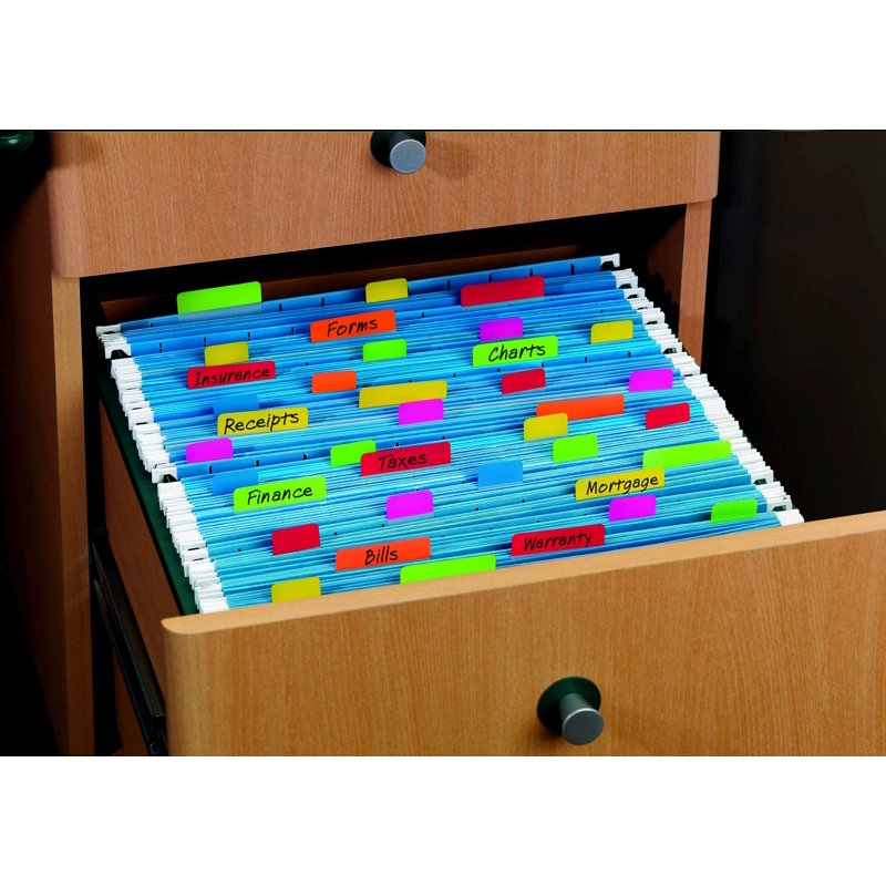 Fluorescent Color File Folder Tabs - 66 Durable Plastic Labels 1 x 1-1/2"