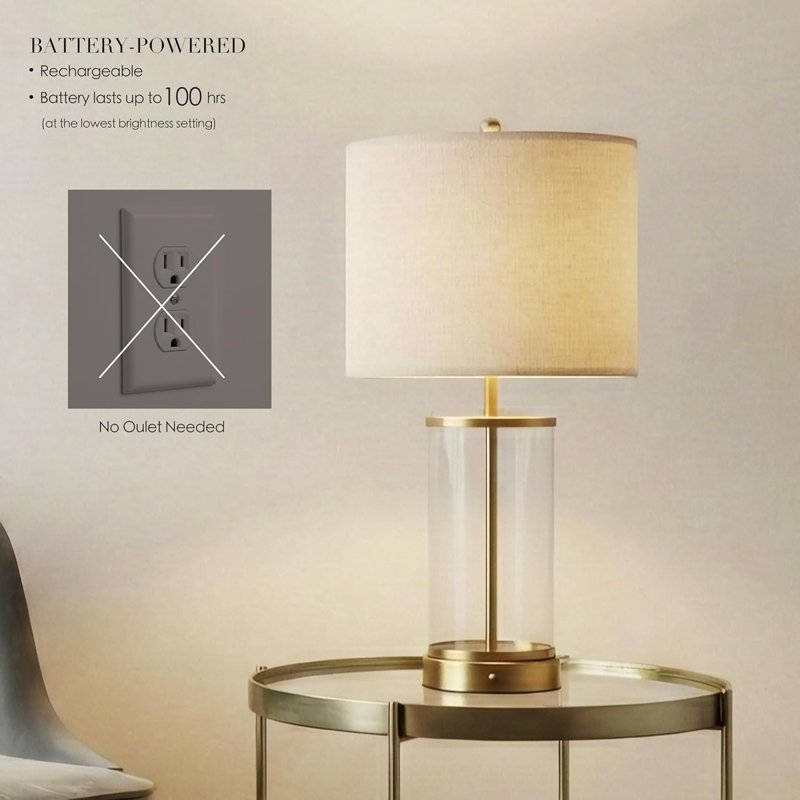 Cordless Battery-Powered Table Lamp with Touch Dimming - 24 Inch Glass Bedside Lamp