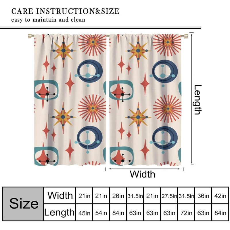 Retro 50s Geometric Star Pattern Curtains - Thermal Insulated Window Drapes, 2 Panel Sets