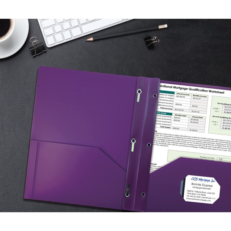 Purple 2-Pocket Plastic Folder with Prongs, Heavyweight 24 Pack - Office Filing Supplies