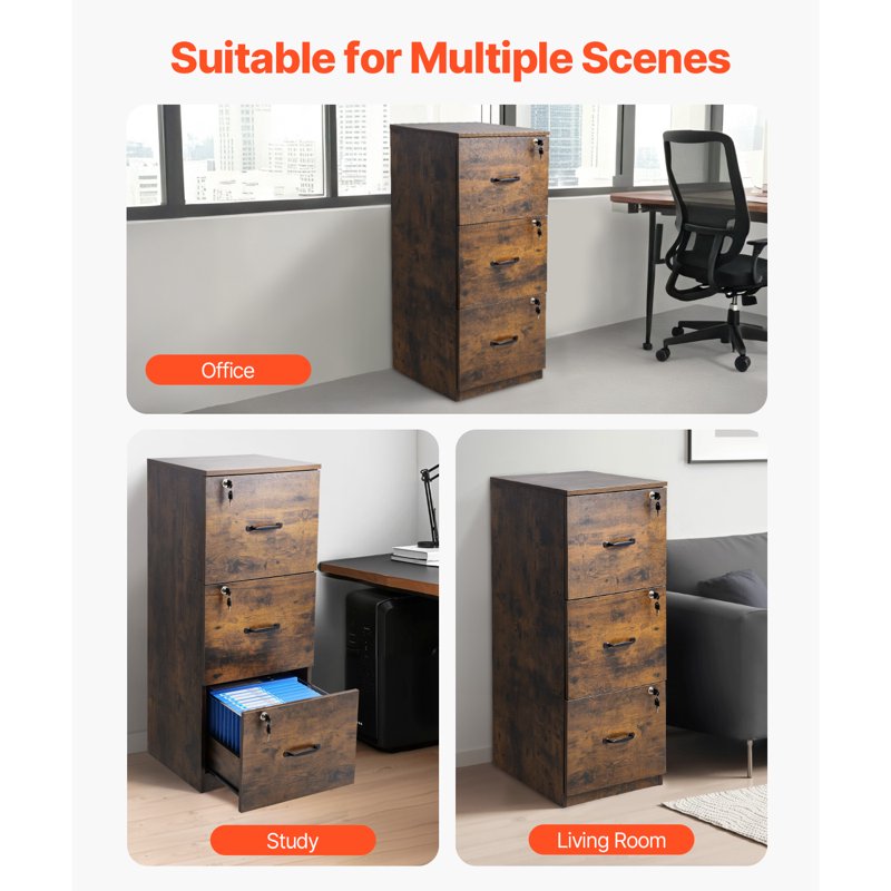 Lockable 3-Drawer File Cabinet - Vertical Office Storage with Adjustable Rod