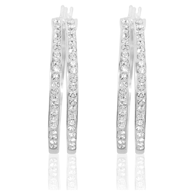 Rhodium Plated Sterling Silver Hoop Earrings with Crystals - 2 Row Classic Design