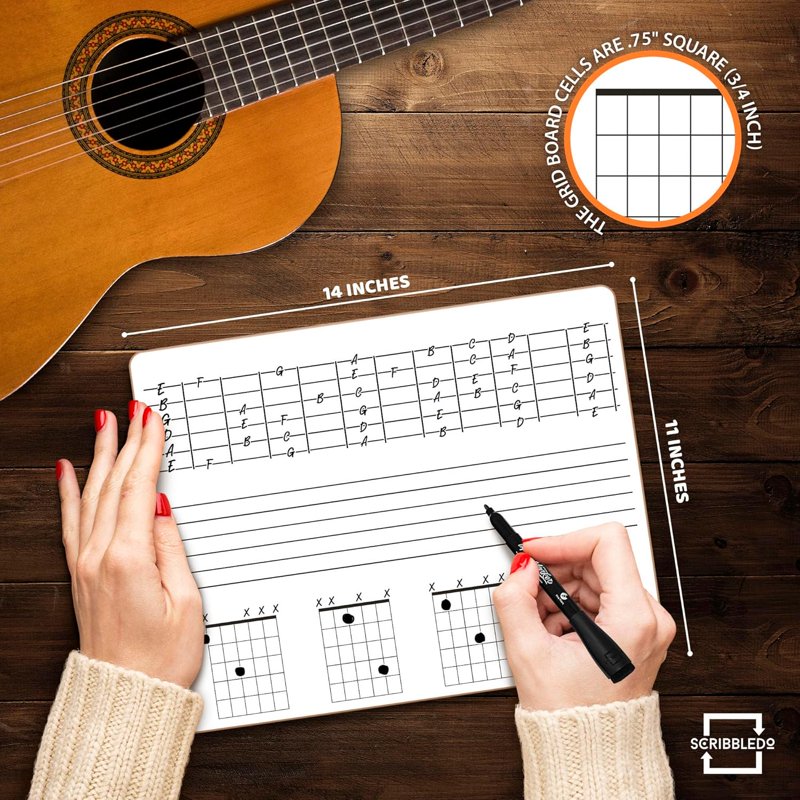 Double-Sided Guitar Practice Whiteboard - Chord Diagrams & Line Sets, 11x14 Inches
